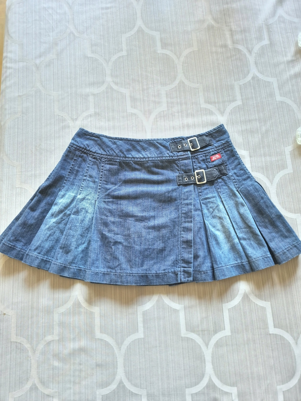 Miss Sixty Blue Denim Pleated Mini Skirt with Buckle Accents